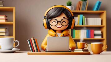 3d icon Happy student using laptop for online education, wearing headphones and sitting at desk with books and coffee in 3d render on transparent background video