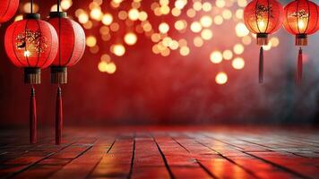 Lively atmosphere with red lanterns above a wooden floor, ideal for chinese new year and other festive occasions copy space for your text video