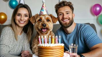 Cute tabby dog in a festive party hat, enjoying a birthday celebration with a cake and its owners in the background video
