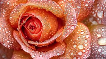 Captivating macro image of natural beauty flower, peach rose petals sparkling with fresh dew drops background is slightly blurred video