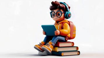 3d icon man of a happy student with a tablet and headphones sitting on books, against a transparent background video