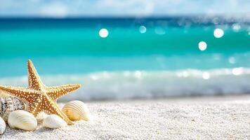 Tranquil tropical paradise scene, starfish and seashells rest on a white sandy beach with sea gentle turquoise waves summer background copy space for your text video