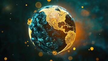 crypto-monnaie pièces de monnaie en orbite une tournant planète Terre dans espace, représentant le global atteindre de numérique devises video