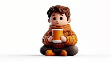 3d icon man character with a warm drink coffee and a smile, capturing the cozy feel of autumn, perfect for seasonal design projects video