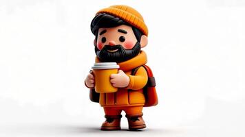 3d icon Smiling hiker with hot coffee and backpack in on a clear background video