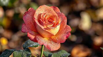Captivating image of natural beauty flower, peach rose petals sparkling with fresh dew drops background is slightly blurred video