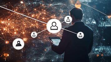 A businessman analyzing a glowing digital map of connections and solutions, symbolizing innovation and strategy video