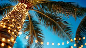 Christmas palm At dusk, a tropical tree is lit up by cozy string lights, setting a festive mood with blurred garland video