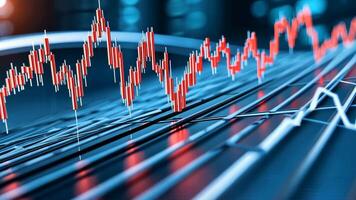 Red candlestick chart showing cryptocurrency increasing profits over time on blue abstract background, concept of success in finance and investment video
