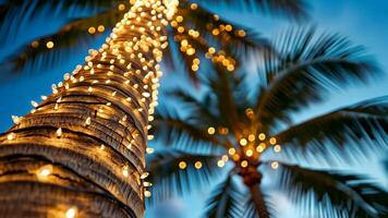 Christmas palm At dusk, a tropical tree is lit up by cozy string lights, setting a festive mood with blurred garland video