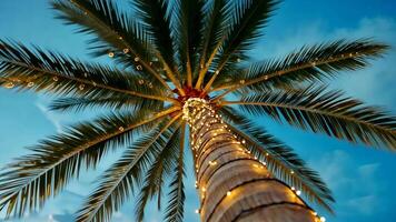 Christmas palm At dusk, a tropical tree is lit up by cozy string lights, setting a festive mood with blurred garland video
