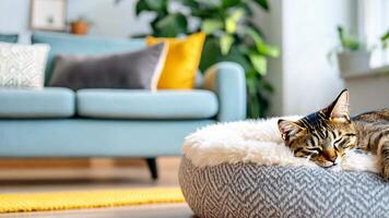 Serene atmosphere in a modern home as a fluffy ginger cat peacefully naps in its cozy bed video