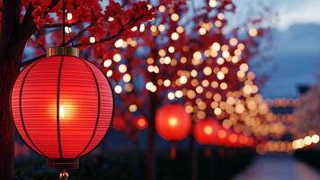 Red lanterns create a magical atmosphere, illuminating a garden path leading to a traditional Chinese temple at dusk New Year video