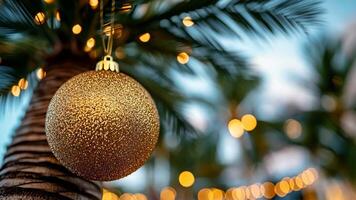Christmas palm At dusk, a tropical tree is lit up by cozy string lights, setting a festive mood with blurred garland video