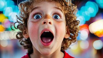 Amazed redhead child showing wonder and excitement in amusement park with colorful bokeh lights in the background video