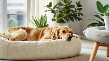 Serene atmosphere in a modern home as a fluffy ginger dog peacefully naps in its cozy bed video