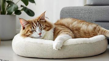 Serene atmosphere in a modern home as a fluffy ginger cat peacefully naps in its cozy bed video