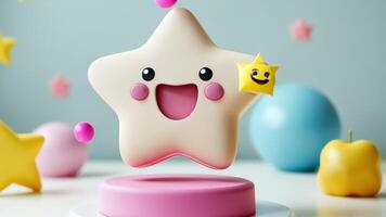 3d icon Smiling white star winner emoji floating over colorful podium on transparent background video