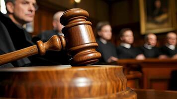 Judge gavel striking sound block, serving justice and concluding court rulings, isolated on clear background video