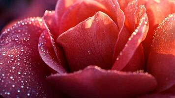 Captivating macro image of natural beauty flower, peach rose petals sparkling with fresh dew drops background is slightly blurred video
