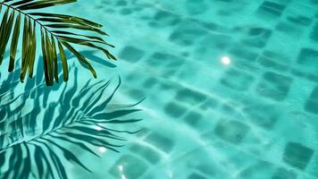 Tranquil summer scene with palm leaf shadow on rippling turquoise water pool surface copy space for your text summer background video