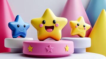 3d icon Smiling stars winner emoji floating over colorful podium on transparent background video