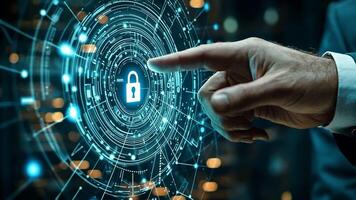 Businessman uses digital touchpad to activate advanced holographic security system, ensuring strong data protection symbolizing cybersecurity strategies video