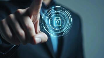 Businessman uses digital touchpad to activate advanced holographic security system, ensuring strong data protection symbolizing cybersecurity strategies video