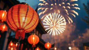 National Day atmosphere, fireworks and Paper lanterns illuminating a city street at night, creating a magical and festive atmosphere Chinese New Year video
