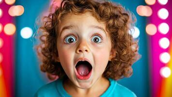 Amazed redhead child showing wonder and excitement in amusement park with colorful bokeh lights in the background video