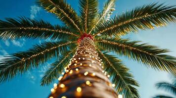 Christmas palm baubles hanging on a decorated pine tree with blurred garland trees and blue sky in the background, celebrating in a tropical setting video