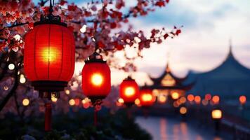 Red lanterns create a magical atmosphere, illuminating a garden path leading to a traditional Chinese temple at dusk New Year video