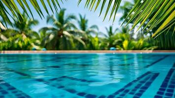 Tranquil summer scene with palm leaf shadow on rippling turquoise water pool surface copy space for your text summer background video