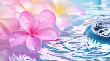Tranquil and dreamy atmosphere created by pastel frangipani flowers gently drifting on rippled turquoise water video