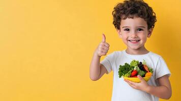 child boy eats healthy food showing thumb up Smiling child encouraging nutritious eating, holding a plate of fresh veggies, and giving a thumbs up in front of a yellow background video
