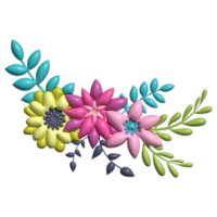 Decoration with colorful flowers, leaf, branch. Plastic, plasticine, inflated style, composition design isolated on transparent background png