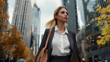 Happy businesswoman walking in a bustling city street, holding tablet and smiling while going to work skyscrapers towering in the background video