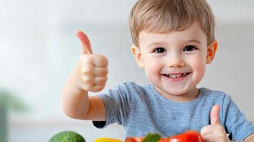 child boy eats healthy food showing thumb up Smiling child encouraging nutritious eating, holding a plate of fresh veggies, and giving a thumbs up in front of a white background video