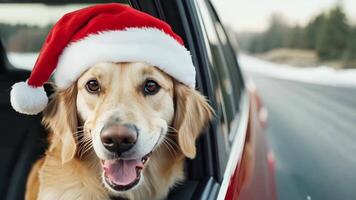 Festive and heartwarming scene, golden retriever dog in a santa claus hat enjoying winter snowfall from a car window video
