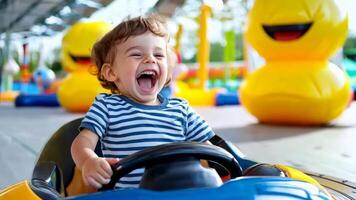 Cheerful happy toddler laughs and has fun on a bumper car amusement park, enjoying a fun day out video