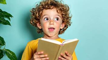 Happy child boy preschooler holding an open reading book education, enjoying story time in a comfortable home setting a portrait video