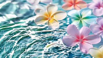 Tranquil and dreamy atmosphere created by pastel frangipani flowers gently drifting on rippled turquoise water video