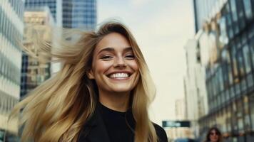 Happy businesswoman walking in a bustling city street, and smiling while going to work skyscrapers towering in the background video