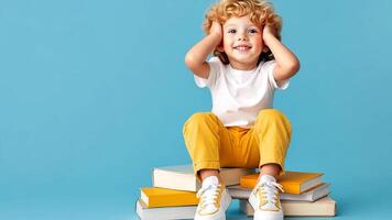 Preschooler child boy sitting on a stack of books against a blue education background, resting head on hands and daydreaming copy space for your text video
