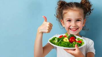 child girl eats healthy food showing thumb up Smiling child encouraging nutritious eating, holding a plate of fresh veggies, and giving a thumbs up in front of a blue background video
