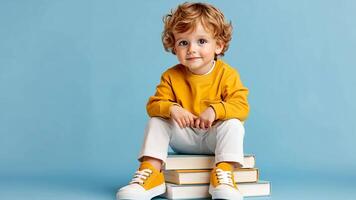 Preschooler child boy sitting on a stack of books against a blue education background, resting head on hands and daydreaming copy space for your text video
