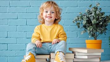 Preschooler child boy sitting on a stack of books against a blue education background, resting head on hands and daydreaming copy space for your text video
