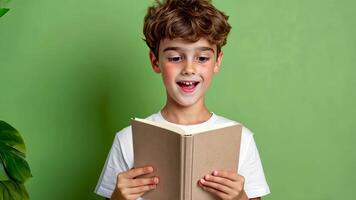 Shocked blond boy wearing a yellow t shirt holding reading a book with an amazed expression on a green background video