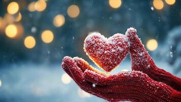 Red knitted woolen gloves holding a glowing snow heart against a blurred winter background with warm bokeh lights and falling snowflakes copy space for your text video