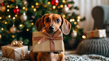 Dachshund puppy grasping wrapped present, sitting near sparkling christmas tree with festive illumination video